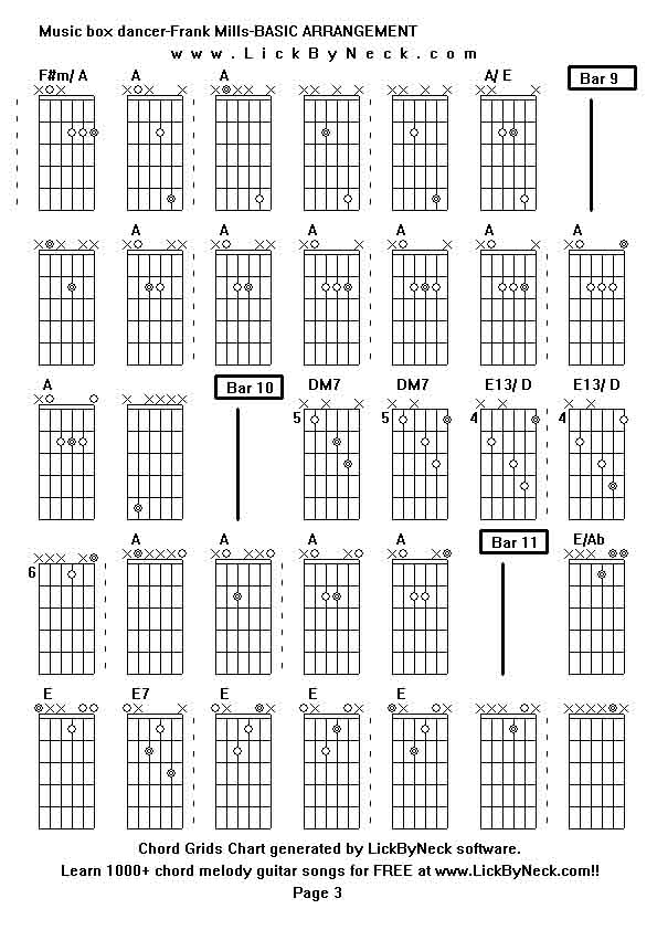 Chord Grids Chart of chord melody fingerstyle guitar song-Music box dancer-Frank Mills-BASIC ARRANGEMENT,generated by LickByNeck software.